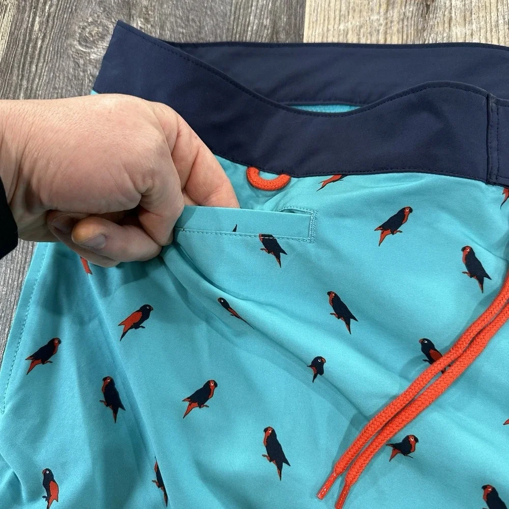 NWT‎ Duluth Trading Company Mens Board Shorts Sz 48 Blue Drawstring Parrot Print